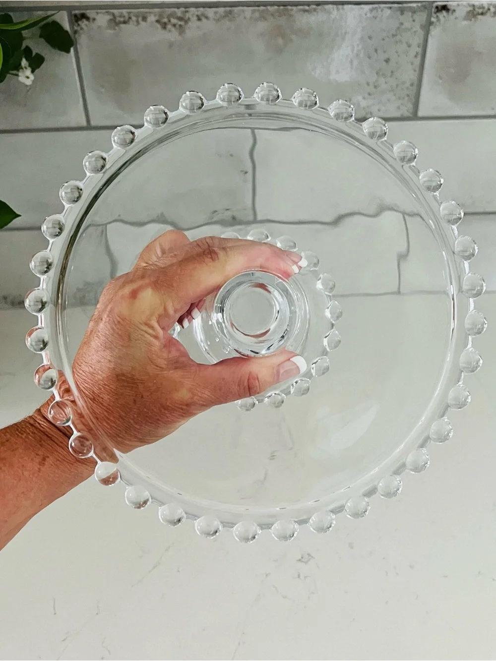CANDLEWICK Style Clear Glass Beaded Dessert Stand